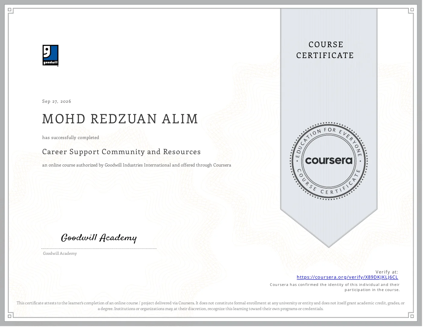 Sijil Career Support Community and Resources atas nama Mohd Redzuan Alim
