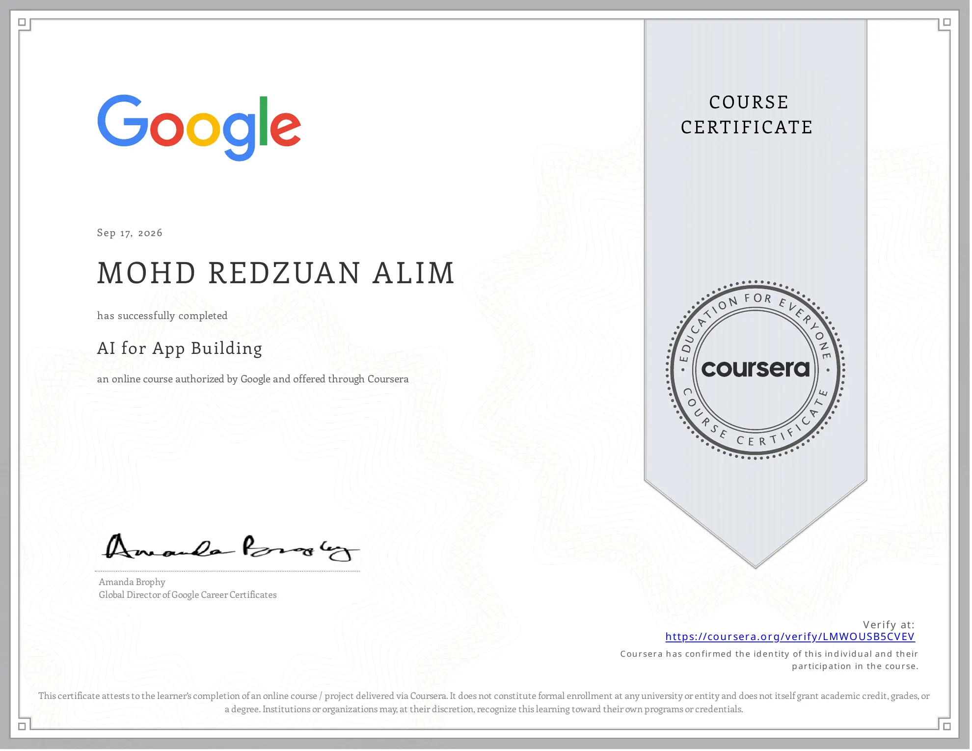 Sijil AI for App Building oleh Google melalui Coursera atas nama Mohd Redzuan Alim