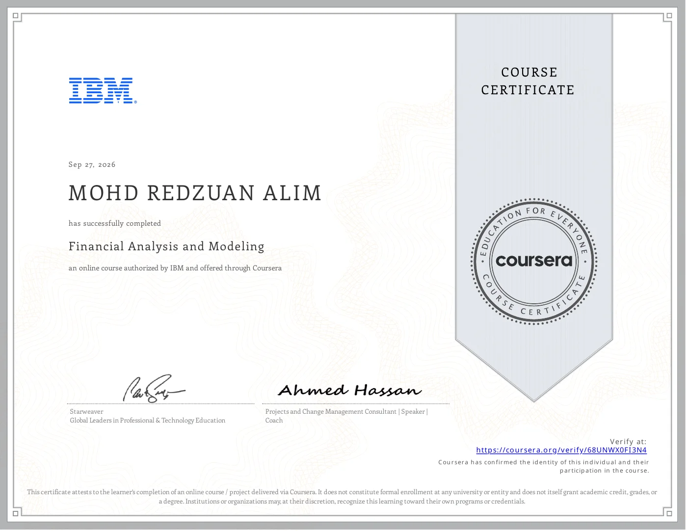 Sijil Financial Analysis and Modeling oleh IBM melalui Coursera atas nama Mohd Redzuan Alim