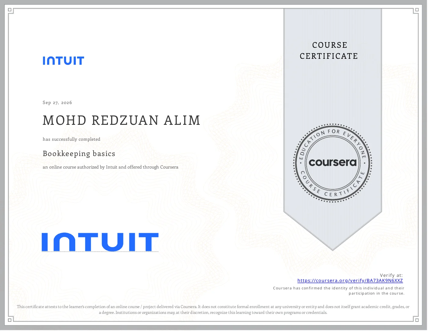 Sijil Bookkeeping basics oleh Intuit melalui Coursera atas nama Mohd Redzuan Alim